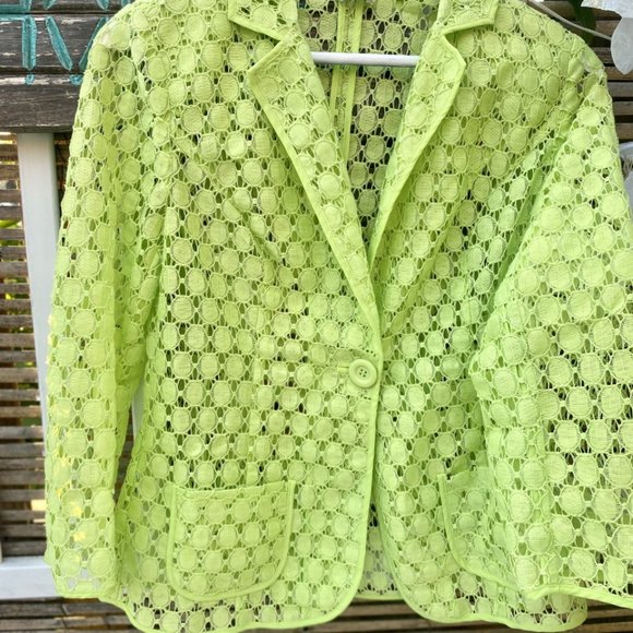 Chico's Jacket Lime Green Lace Cut Out Sheer Button Up 3/4 Sleeves - Picture 14 of 16